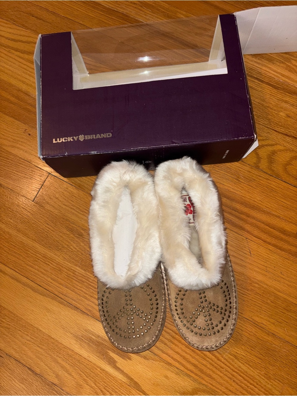Lucky Brand Women's Tan Suede Moccasin Slippers with Cream Faux Fur Trim